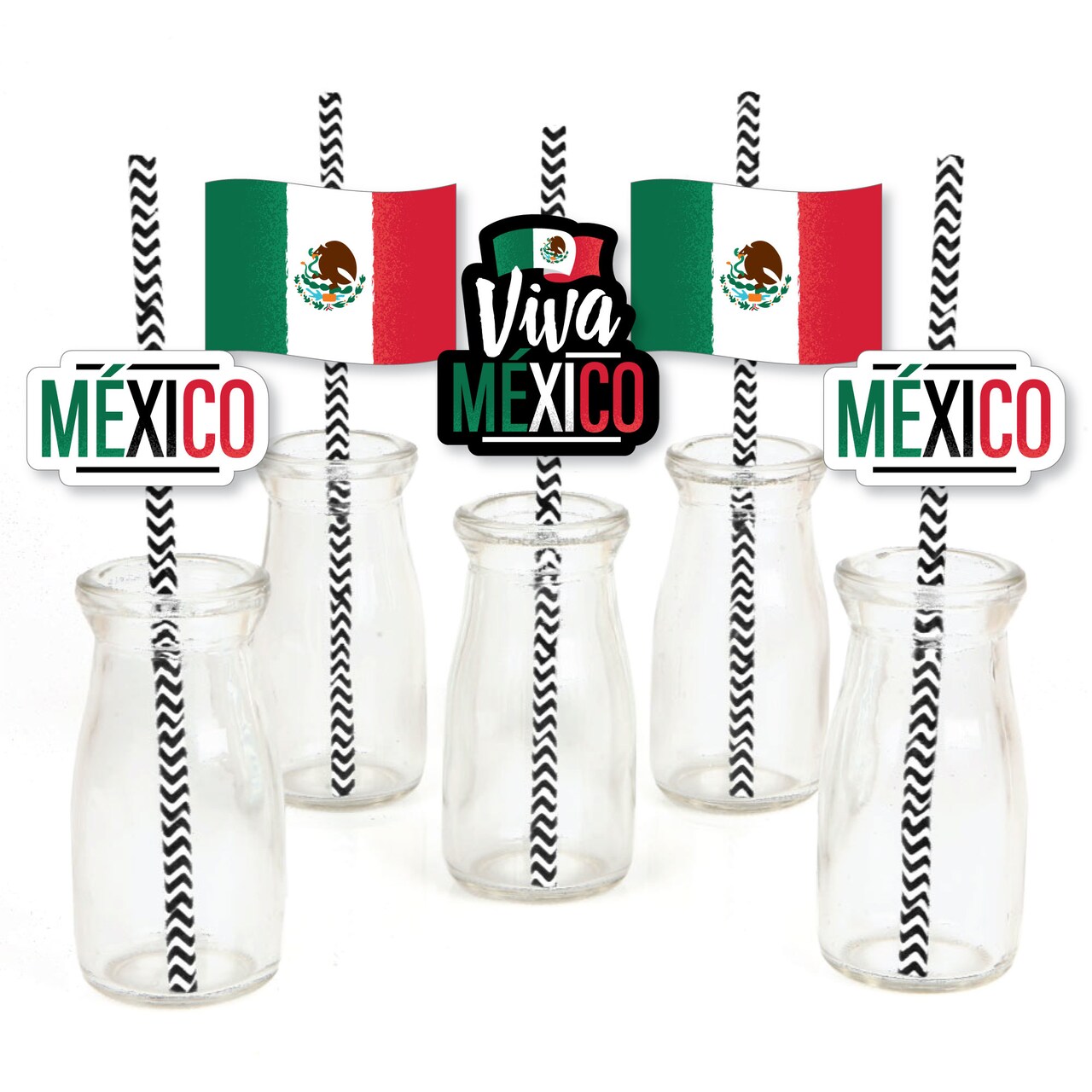 Big Dot of Happiness Viva Mexico - Paper Straw Decor - Mexican Independence Day Party Striped Decorative Straws - Set of 24